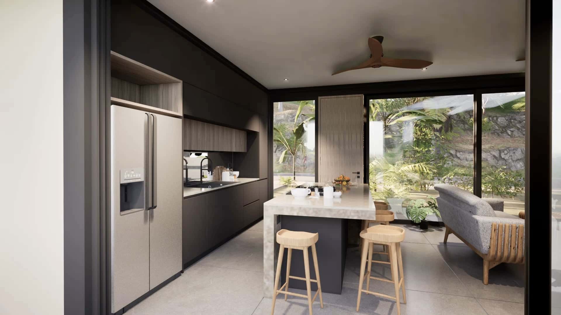 Render of a Sienna Terrenas villa kitchen with glass walls onto a tropical garden, Las Terrenas, Dominican Republic